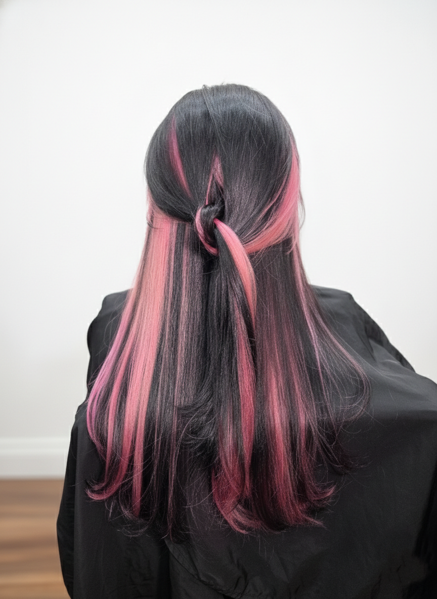 Black hair with pink highlights and styling