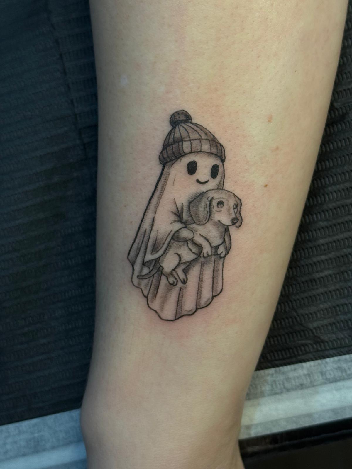Cute ghost with dog tattoo